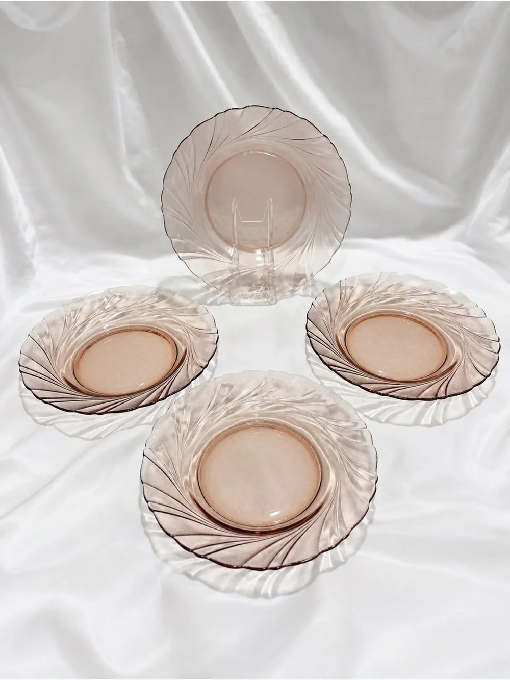 Set (4) Vereco France Pink Swirl Pattern Etched Glass Salad Plates | 8.25” | EUC